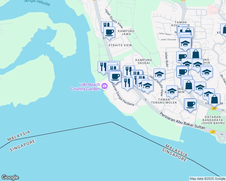map of restaurants, bars, coffee shops, grocery stores, and more near Persiaran Danga Perdana in Johor Bahru