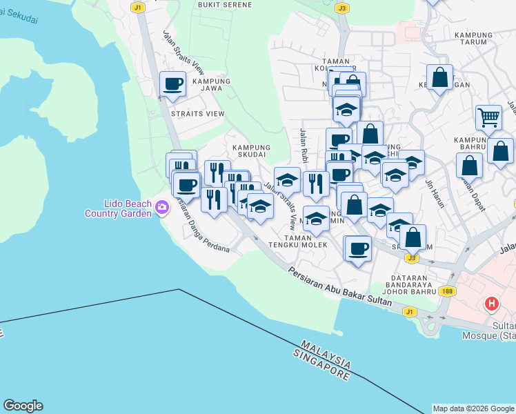 map of restaurants, bars, coffee shops, grocery stores, and more near Jalan Straits View 6 in Johor Bahru