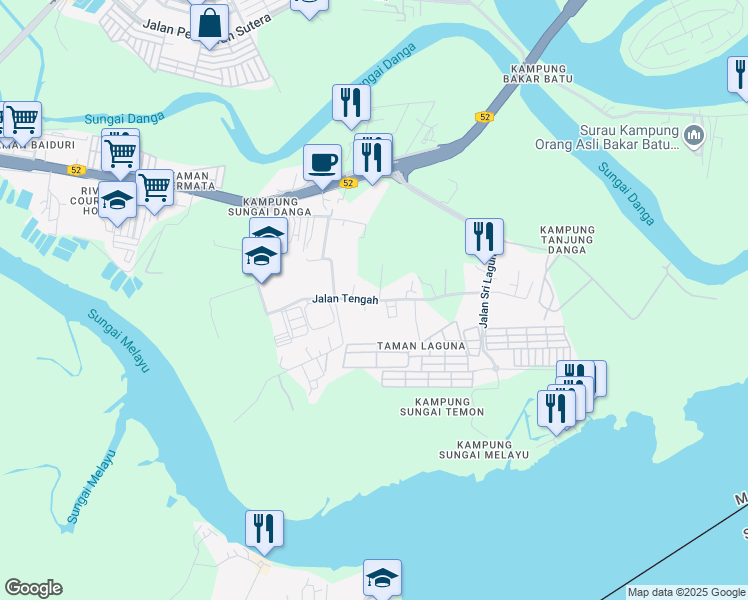 map of restaurants, bars, coffee shops, grocery stores, and more near Jalan Tengah in Johor Bahru