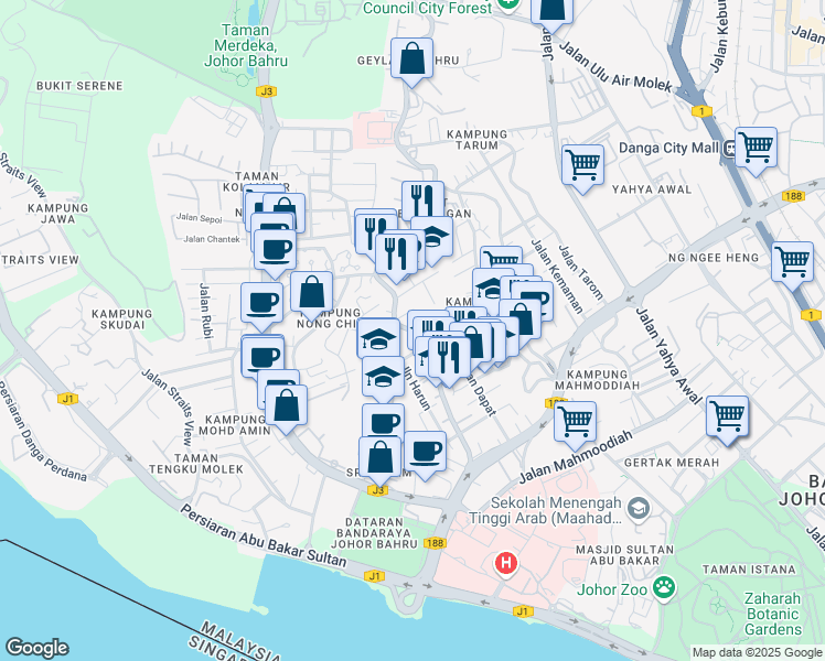 map of restaurants, bars, coffee shops, grocery stores, and more near Jalan Abdul Samad in Johor Bahru