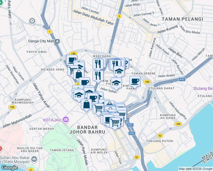 map of restaurants, bars, coffee shops, grocery stores, and more near Jalan Intan in Johor Bahru