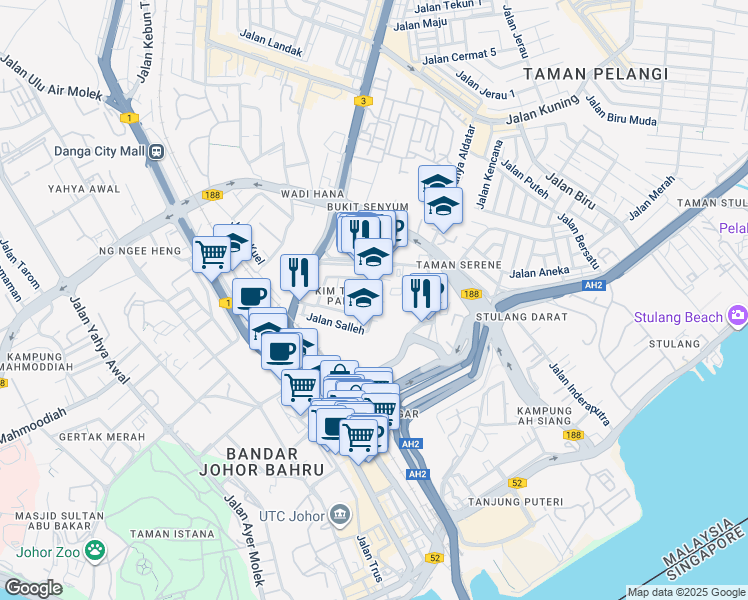 map of restaurants, bars, coffee shops, grocery stores, and more near Jalan Ungku Aziz in Johor Bahru