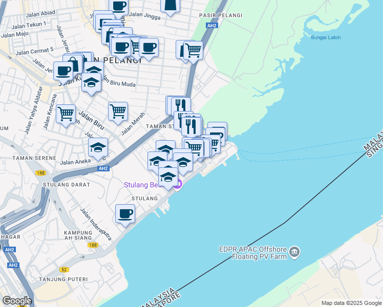 map of restaurants, bars, coffee shops, grocery stores, and more near 2 Jalan Stulang Laut in Johor Bahru