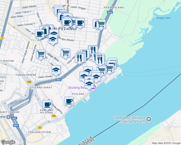 map of restaurants, bars, coffee shops, grocery stores, and more near 2 Jalan Stulang Laut in Johor Bahru