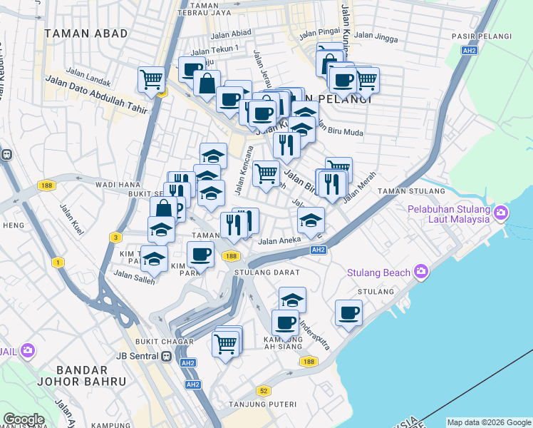 map of restaurants, bars, coffee shops, grocery stores, and more near in Johor Bahru