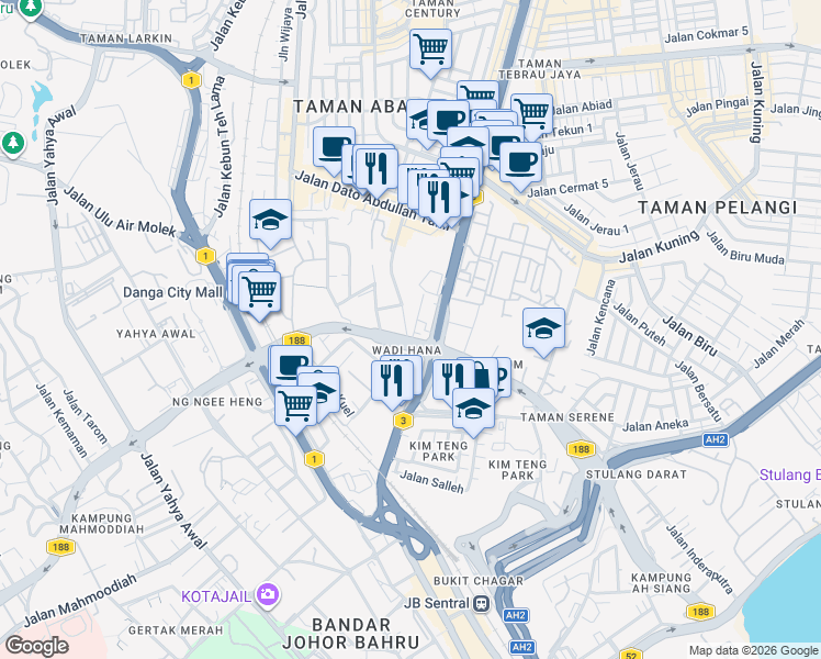 map of restaurants, bars, coffee shops, grocery stores, and more near 21 Jalan Wadi Hana in Johor Bahru