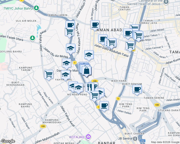 map of restaurants, bars, coffee shops, grocery stores, and more near Jalan Sipi in Johor Bahru
