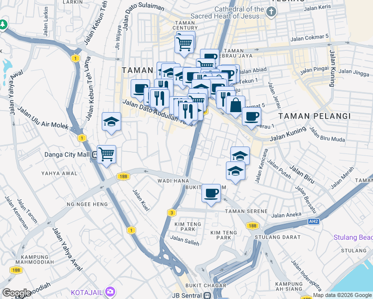 map of restaurants, bars, coffee shops, grocery stores, and more near 21 Jalan Wadi Hana in Johor Bahru