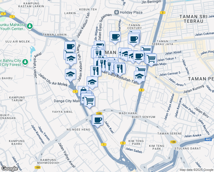 map of restaurants, bars, coffee shops, grocery stores, and more near Jalan Sekolah Arab in Johor Bahru