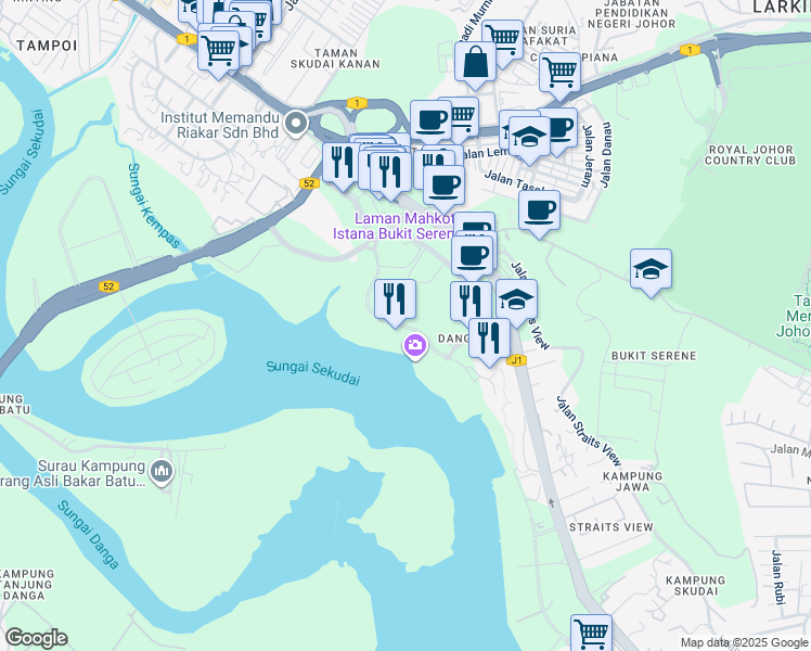 map of restaurants, bars, coffee shops, grocery stores, and more near Persiaran Danga Perdana in Johor Bahru
