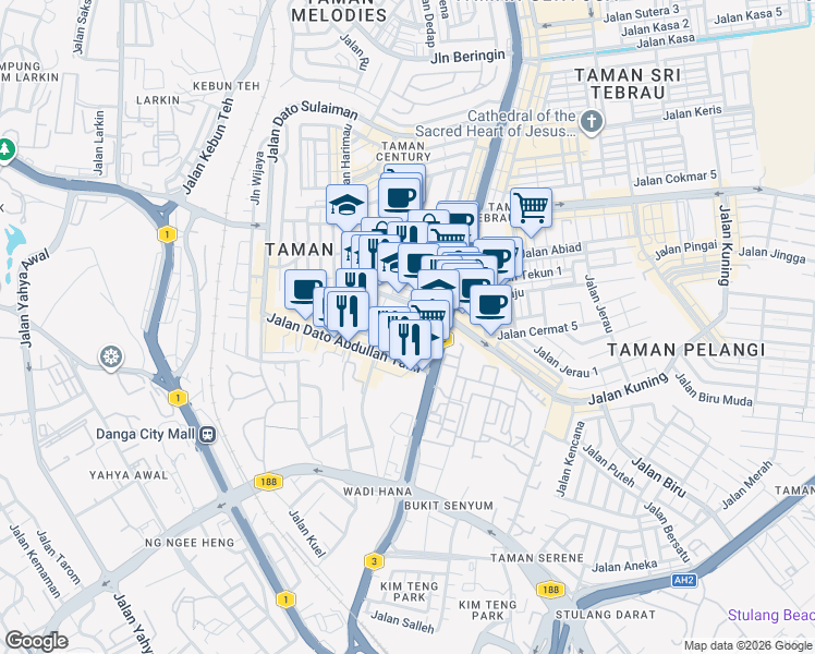 map of restaurants, bars, coffee shops, grocery stores, and more near Jalan Harimau Belang in Johor Bahru