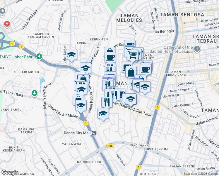 map of restaurants, bars, coffee shops, grocery stores, and more near in Johor Bahru