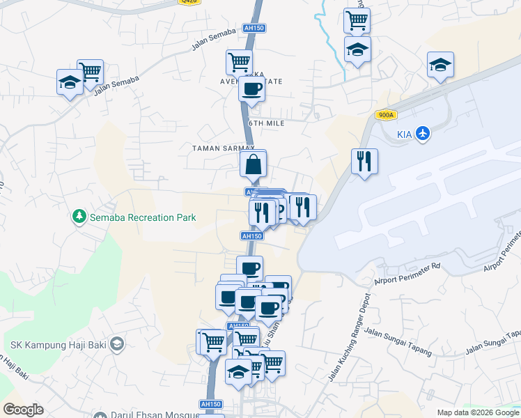 map of restaurants, bars, coffee shops, grocery stores, and more near Bulatan Batu Enam in Kuching