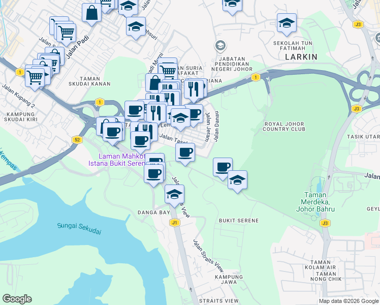 map of restaurants, bars, coffee shops, grocery stores, and more near Jalan Kolam in Johor Bahru