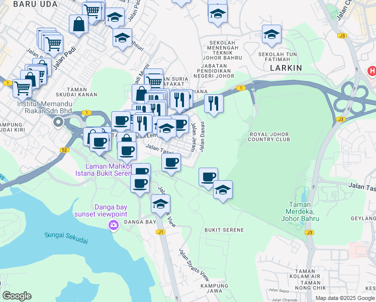 map of restaurants, bars, coffee shops, grocery stores, and more near 1 Jalan Jeram in Johor Bahru