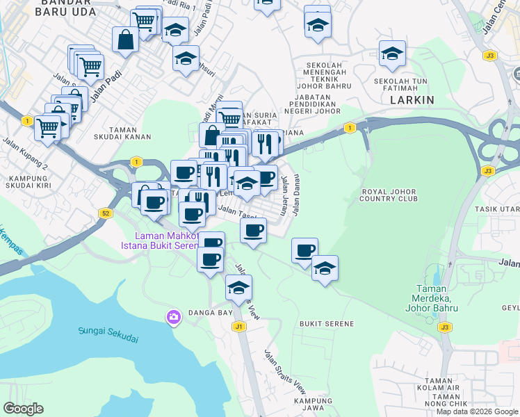 map of restaurants, bars, coffee shops, grocery stores, and more near 1 Jalan Jeram in Johor Bahru