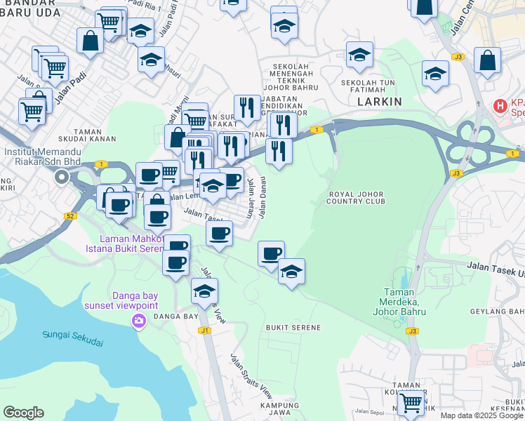 map of restaurants, bars, coffee shops, grocery stores, and more near Jalan Danau in Johor Bahru