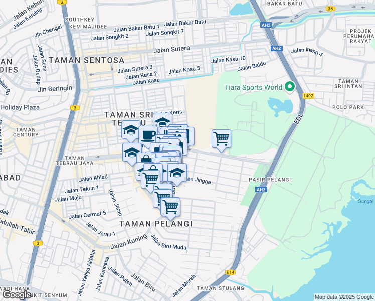 map of restaurants, bars, coffee shops, grocery stores, and more near Jalan Serampang in Johor Bahru