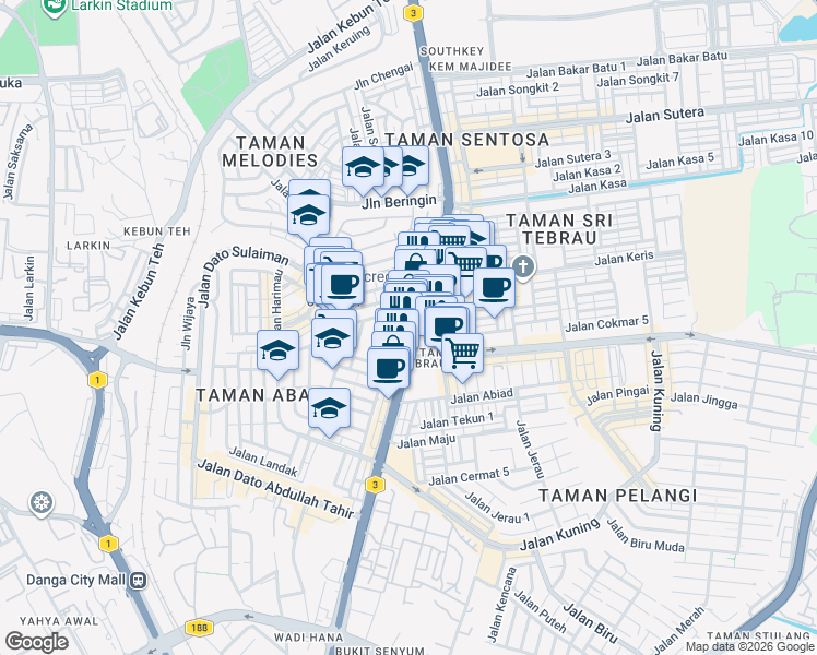 map of restaurants, bars, coffee shops, grocery stores, and more near 97 Jalan Harimau Tarum in Johor Bahru