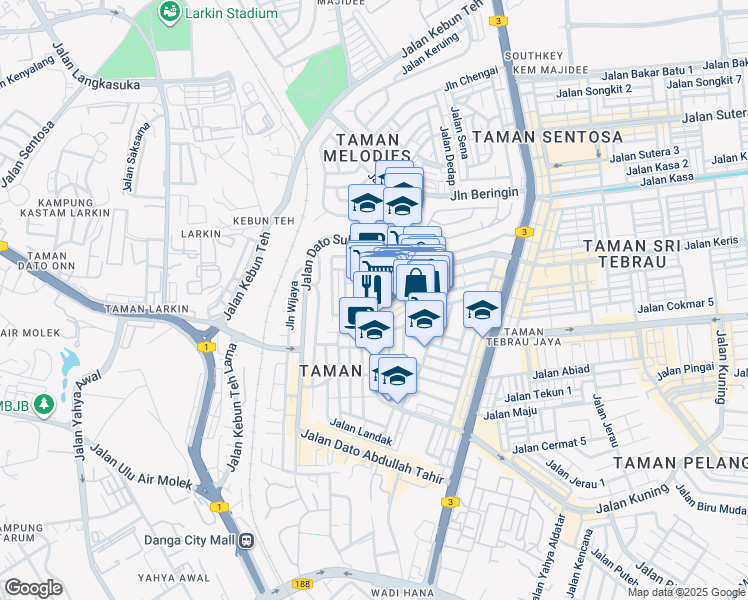 map of restaurants, bars, coffee shops, grocery stores, and more near Jalan Harimau in Johor Bahru