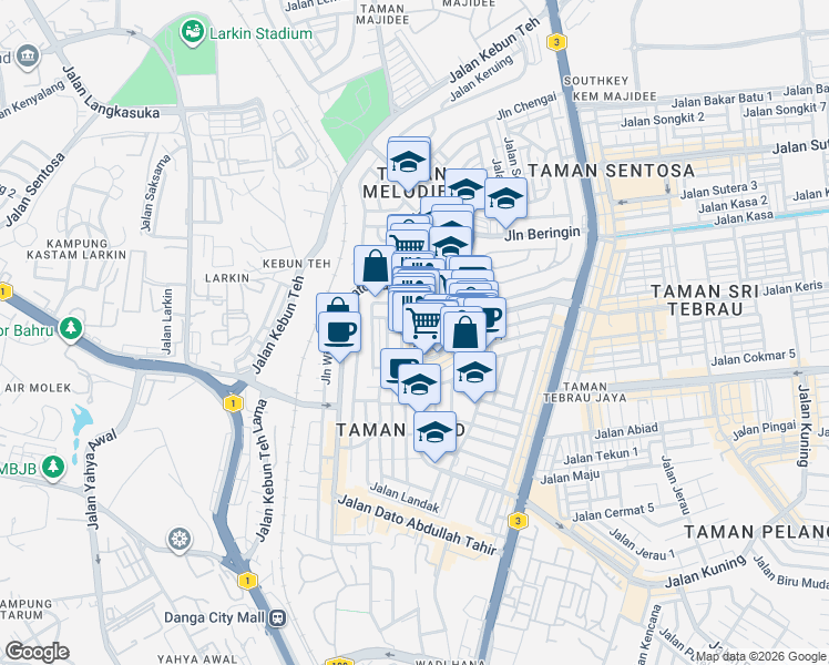 map of restaurants, bars, coffee shops, grocery stores, and more near Jalan Harimau in Johor Bahru