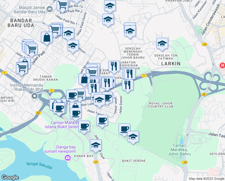 map of restaurants, bars, coffee shops, grocery stores, and more near 1 Jalan Jeram in Johor Bahru