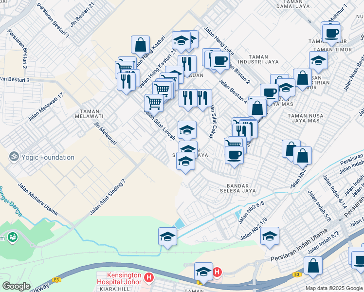 map of restaurants, bars, coffee shops, grocery stores, and more near Jalan Silat Lincah in Skudai