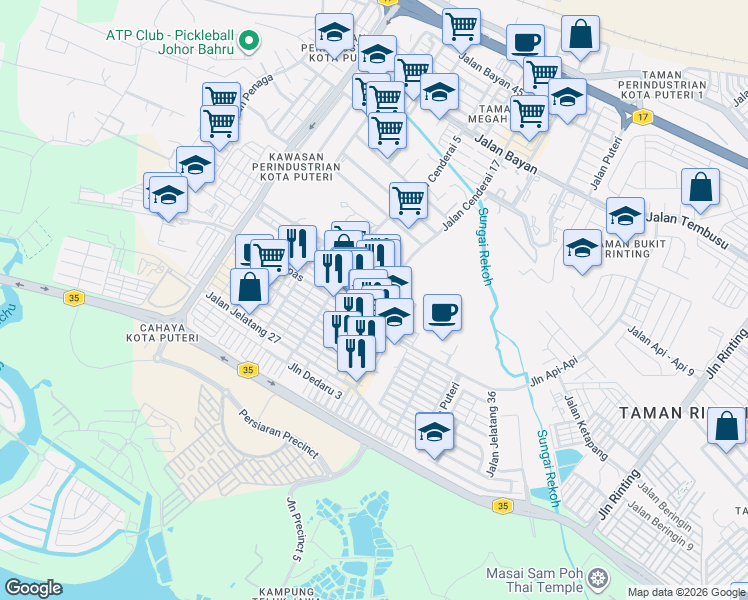 map of restaurants, bars, coffee shops, grocery stores, and more near 7 Jalan Kempas 17 in Masai