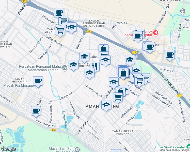 map of restaurants, bars, coffee shops, grocery stores, and more near Jalan Api - Api 4 in Masai