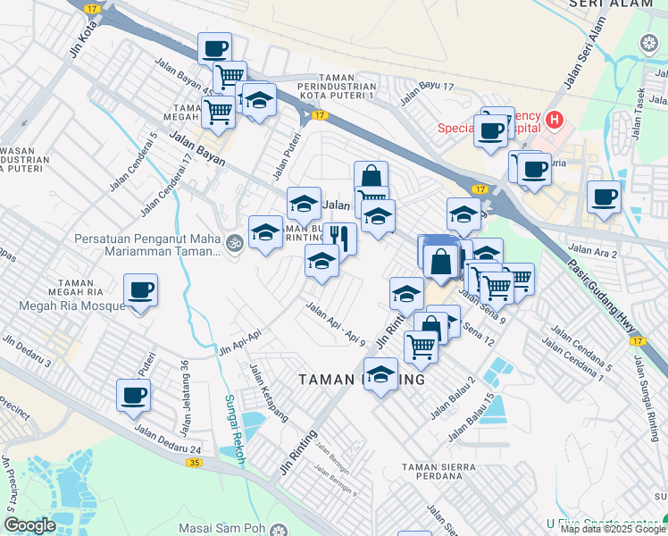 map of restaurants, bars, coffee shops, grocery stores, and more near Jalan Api - Api 4 in Masai