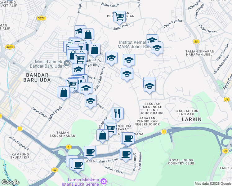 map of restaurants, bars, coffee shops, grocery stores, and more near Jalan Muafakat in Johor Bahru