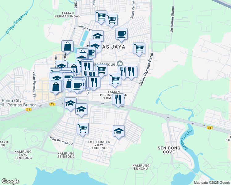 map of restaurants, bars, coffee shops, grocery stores, and more near Jalan Permas 9/13 in Masai