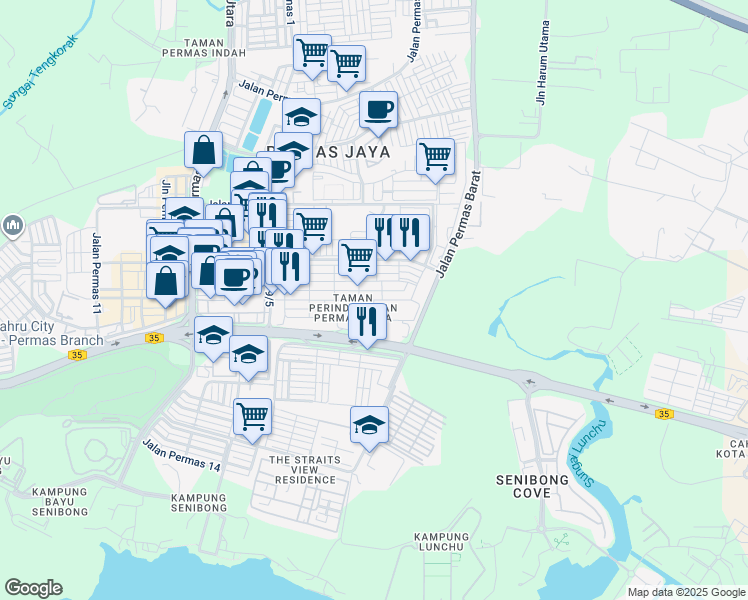map of restaurants, bars, coffee shops, grocery stores, and more near Jalan Permas 9/13 in Masai