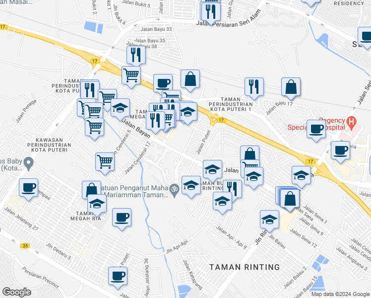 map of restaurants, bars, coffee shops, grocery stores, and more near Jalan Bayan 40 in Masai