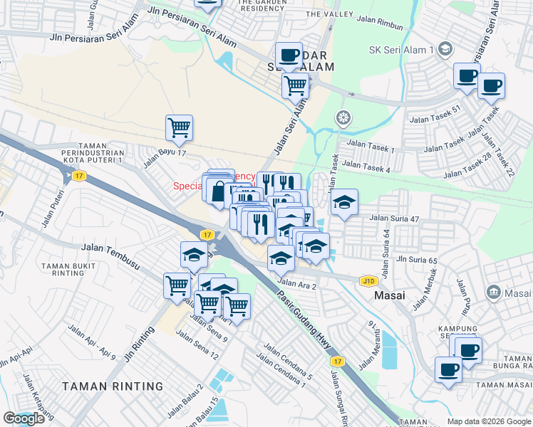 map of restaurants, bars, coffee shops, grocery stores, and more near 39 Jalan Suria 1/1 in Masai