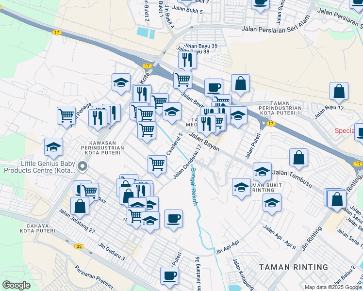 map of restaurants, bars, coffee shops, grocery stores, and more near Jalan Cenderai 11 in Masai