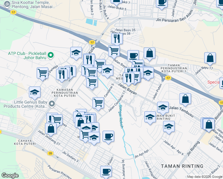 map of restaurants, bars, coffee shops, grocery stores, and more near 5 Jalan Cenderai 11 in Masai