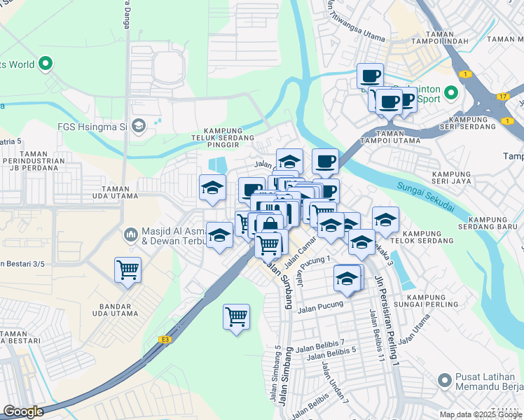 map of restaurants, bars, coffee shops, grocery stores, and more near Jalan Camar 6 in Johor Bahru