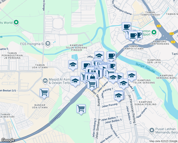 map of restaurants, bars, coffee shops, grocery stores, and more near Jalan Camar 6 in Johor Bahru