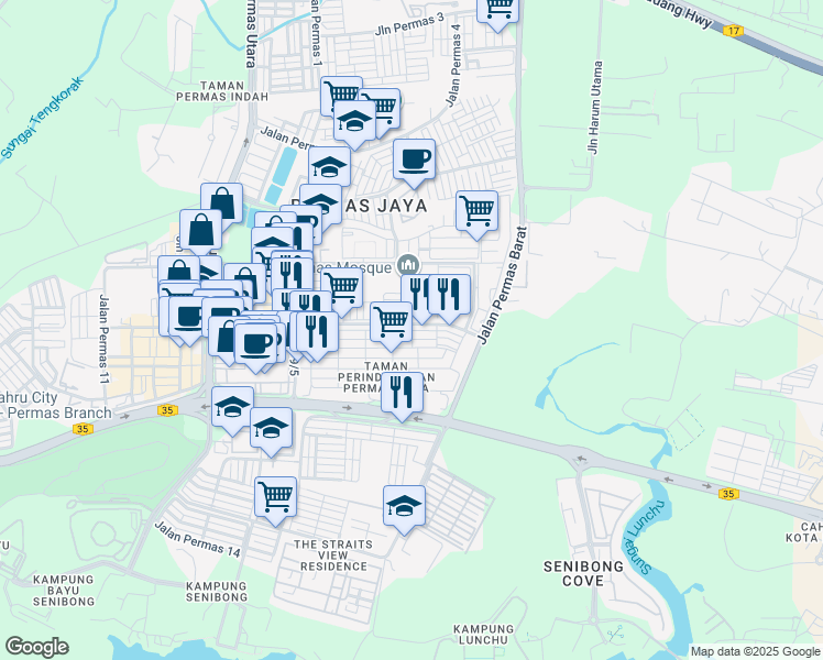 map of restaurants, bars, coffee shops, grocery stores, and more near Jalan Permas 9/7 in Masai
