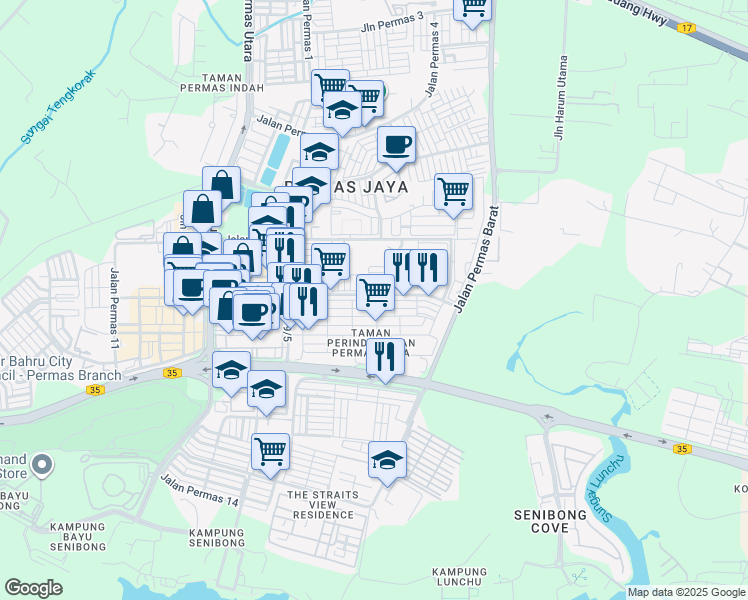 map of restaurants, bars, coffee shops, grocery stores, and more near Jalan Permas 9/7 in Masai