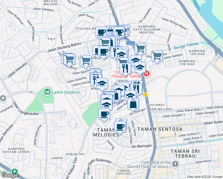 map of restaurants, bars, coffee shops, grocery stores, and more near Jalan Resak in Johor Bahru
