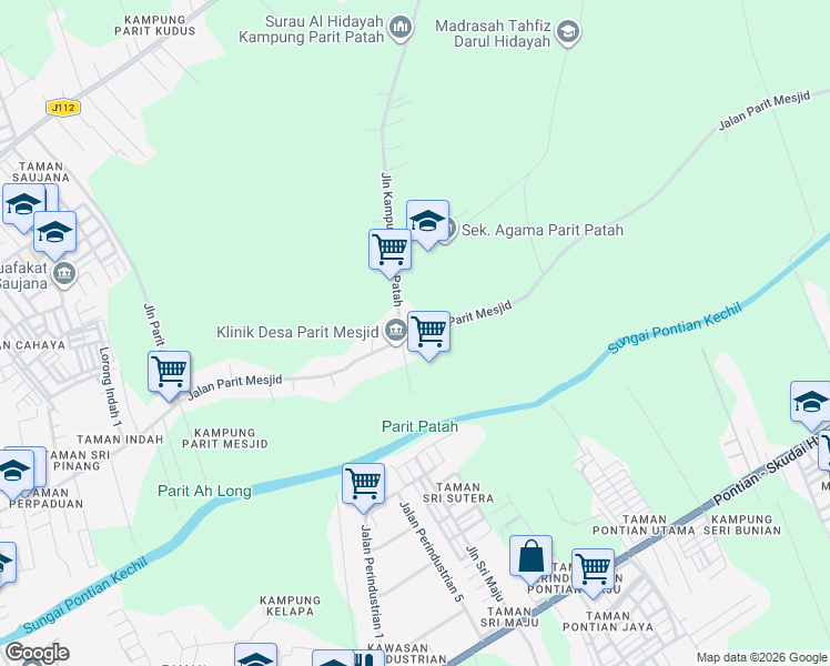 map of restaurants, bars, coffee shops, grocery stores, and more near Jalan Parit Mesjid in Pontian District