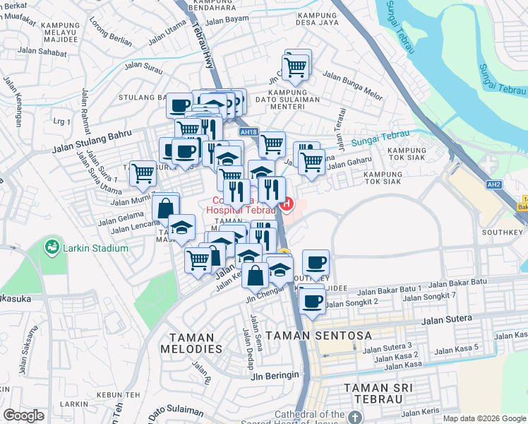 map of restaurants, bars, coffee shops, grocery stores, and more near Jalan Giam in Johor Bahru
