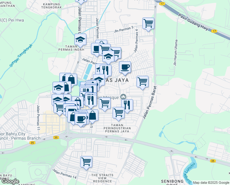 map of restaurants, bars, coffee shops, grocery stores, and more near Jalan Permas 7 in Masai