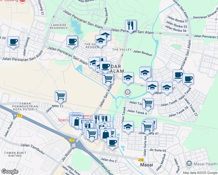 map of restaurants, bars, coffee shops, grocery stores, and more near Jalan Seri Alam in Masai