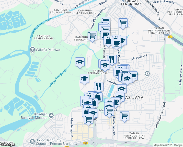 map of restaurants, bars, coffee shops, grocery stores, and more near Persiaran Plentong Baru in Masai