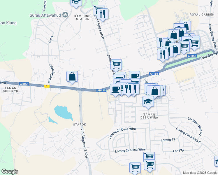 map of restaurants, bars, coffee shops, grocery stores, and more near Jalan Batu Kawa in Kuching