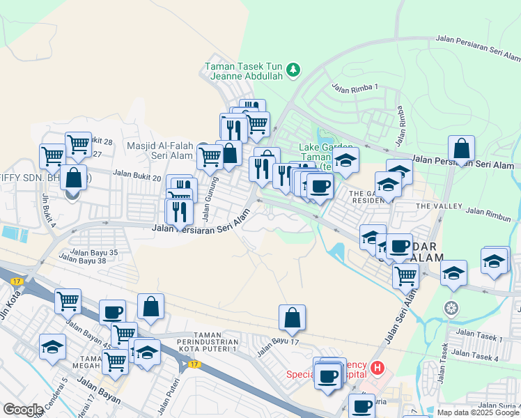 map of restaurants, bars, coffee shops, grocery stores, and more near Persiaran Seri Alam in Masai