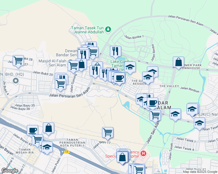 map of restaurants, bars, coffee shops, grocery stores, and more near Persiaran Seri Alam in Masai